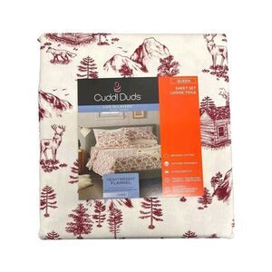 CUDDLDUDS 100% Cotton Heavyweight Queen Flannel Sheet Set White Red Lodge Toile